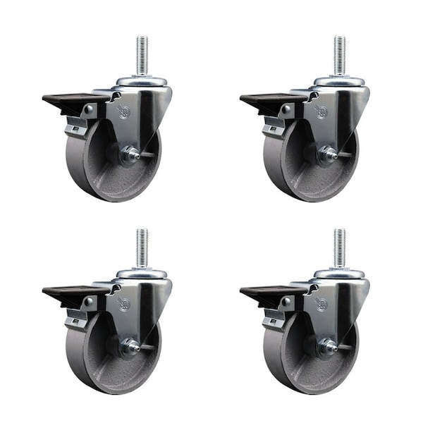4 Inch Semi Steel Wheel Swivel 34 Inch Threaded Stem Caster Set with Brake SCC